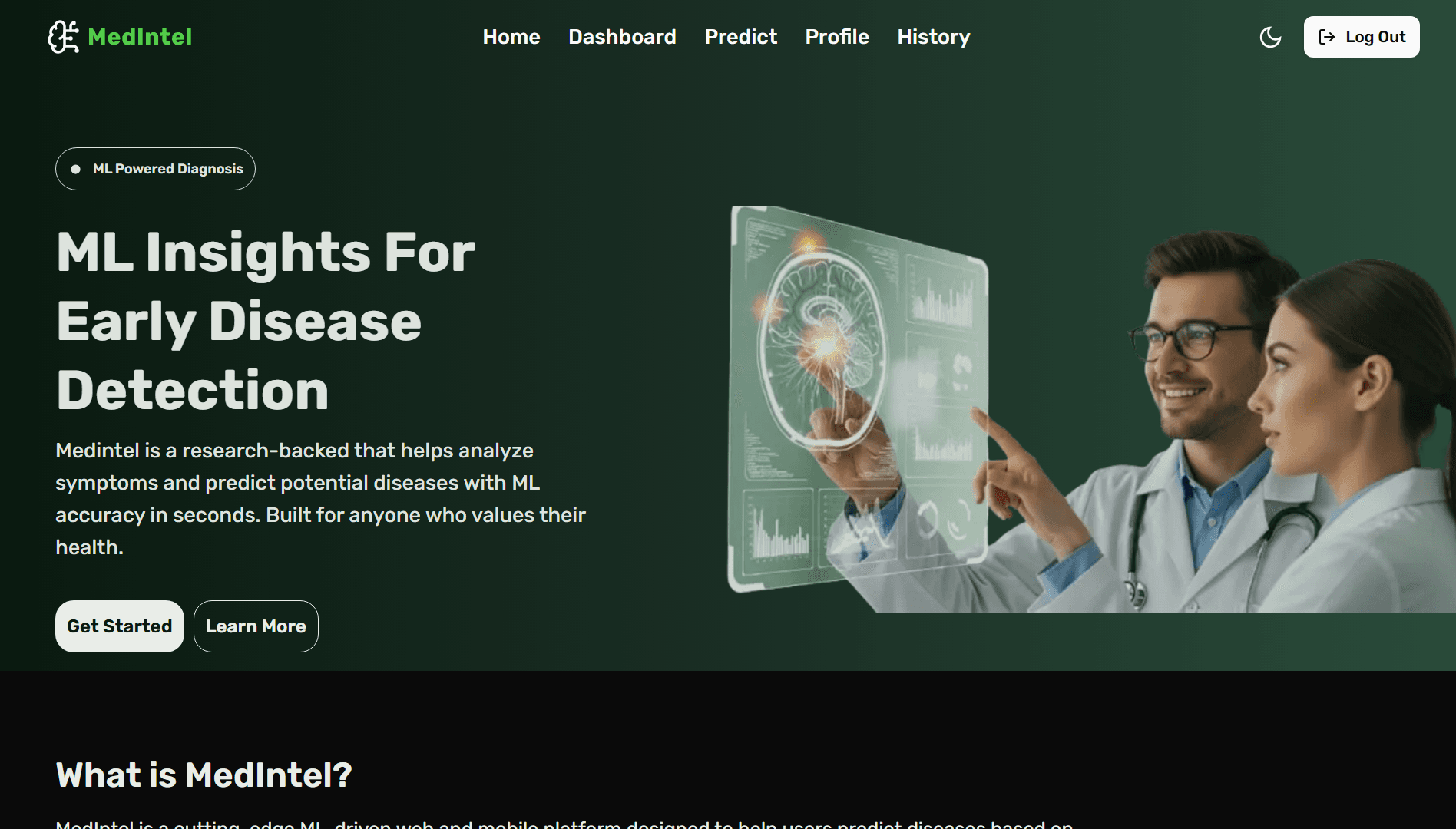 MedIntel landing page pitching ML-powered early disease detection