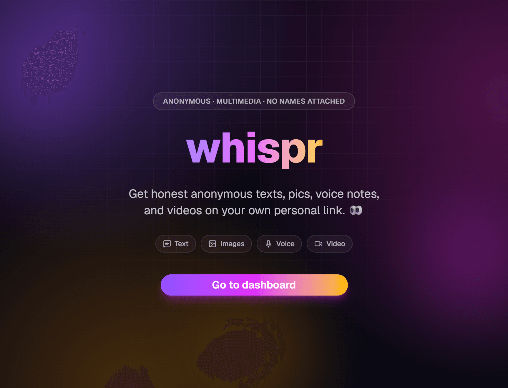 Whispr landing page showing the anonymous, multimedia messaging pitch and call-to-action buttons