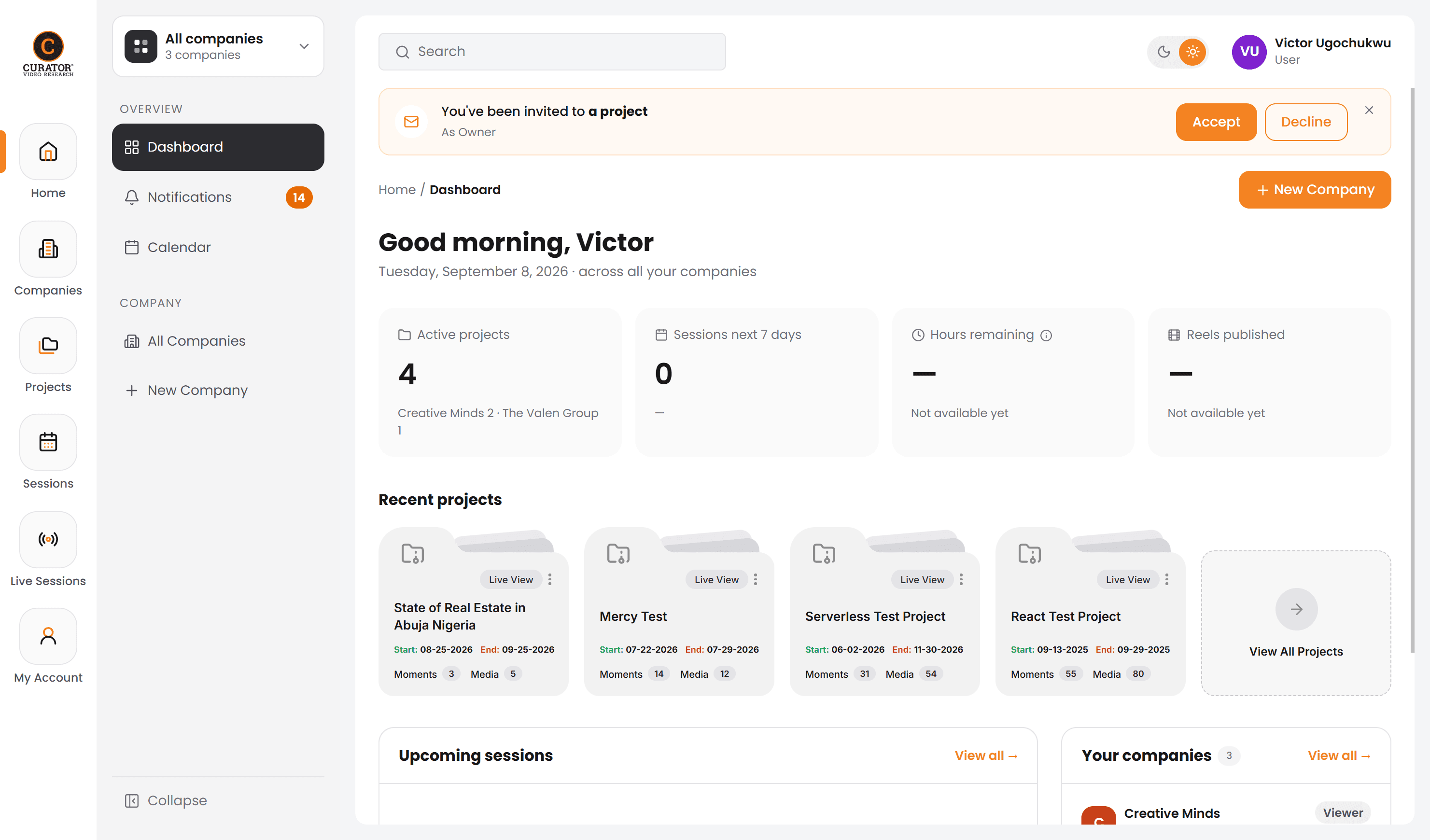 Curator dashboard showing active projects, upcoming sessions, and companies overview