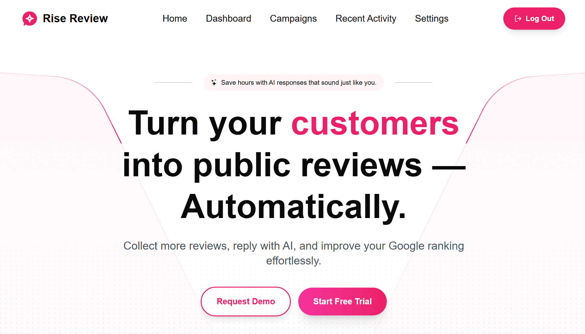 Rise Review marketing landing page pitching automated review collection
