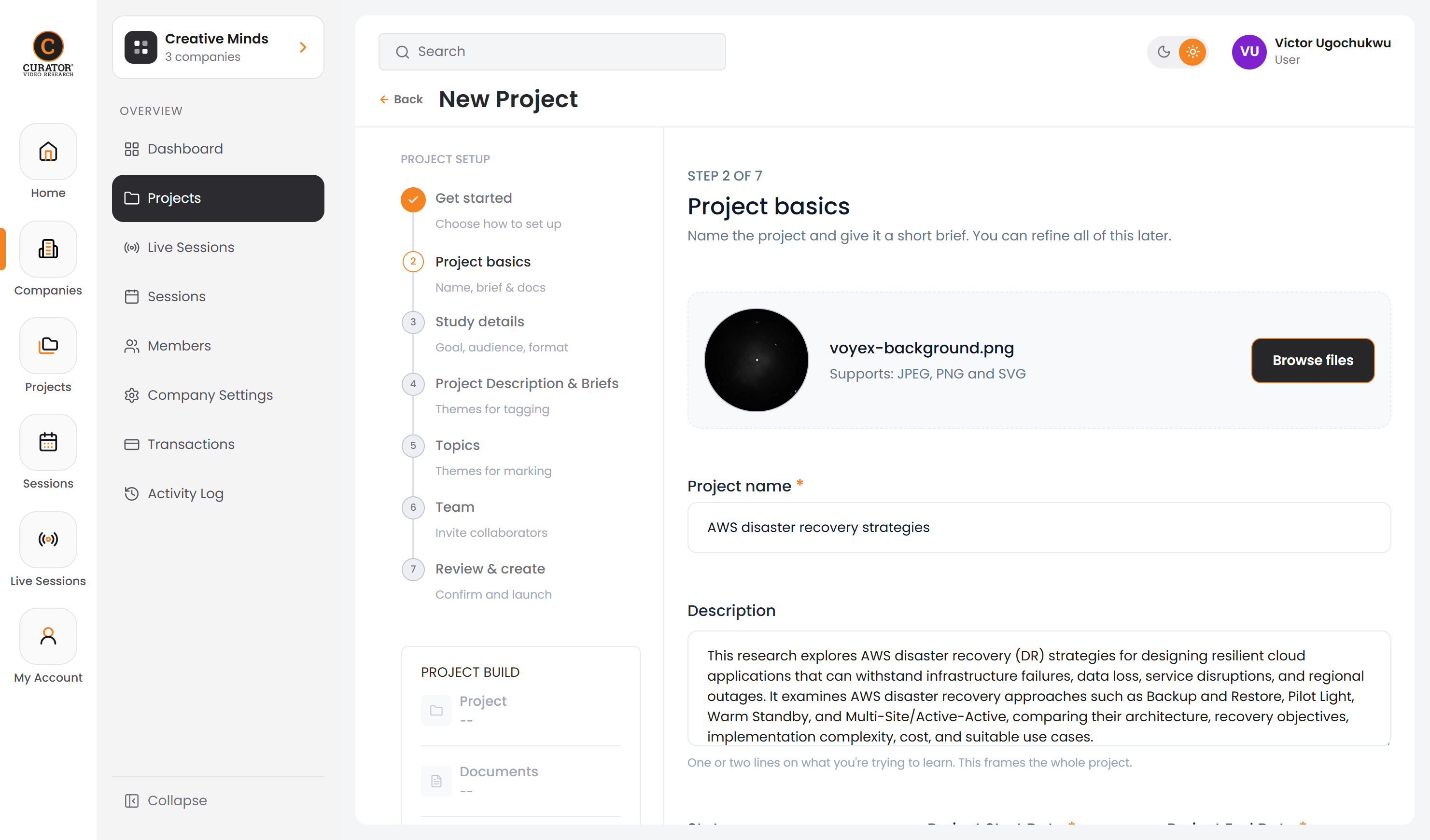 Curator project edit view showing project details, status, and visibility settings