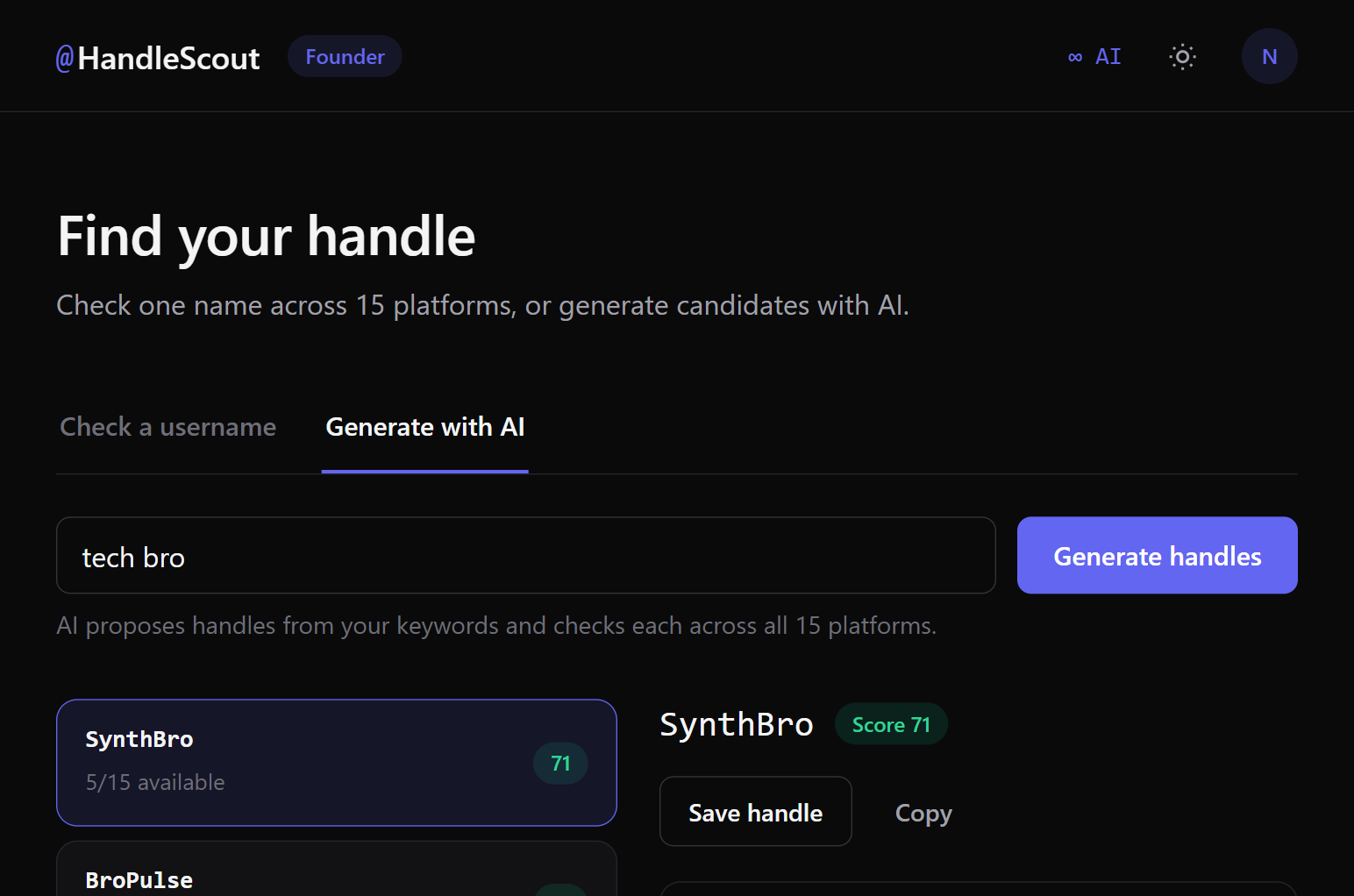 HandleScout AI handle generator suggesting available usernames from a keyword