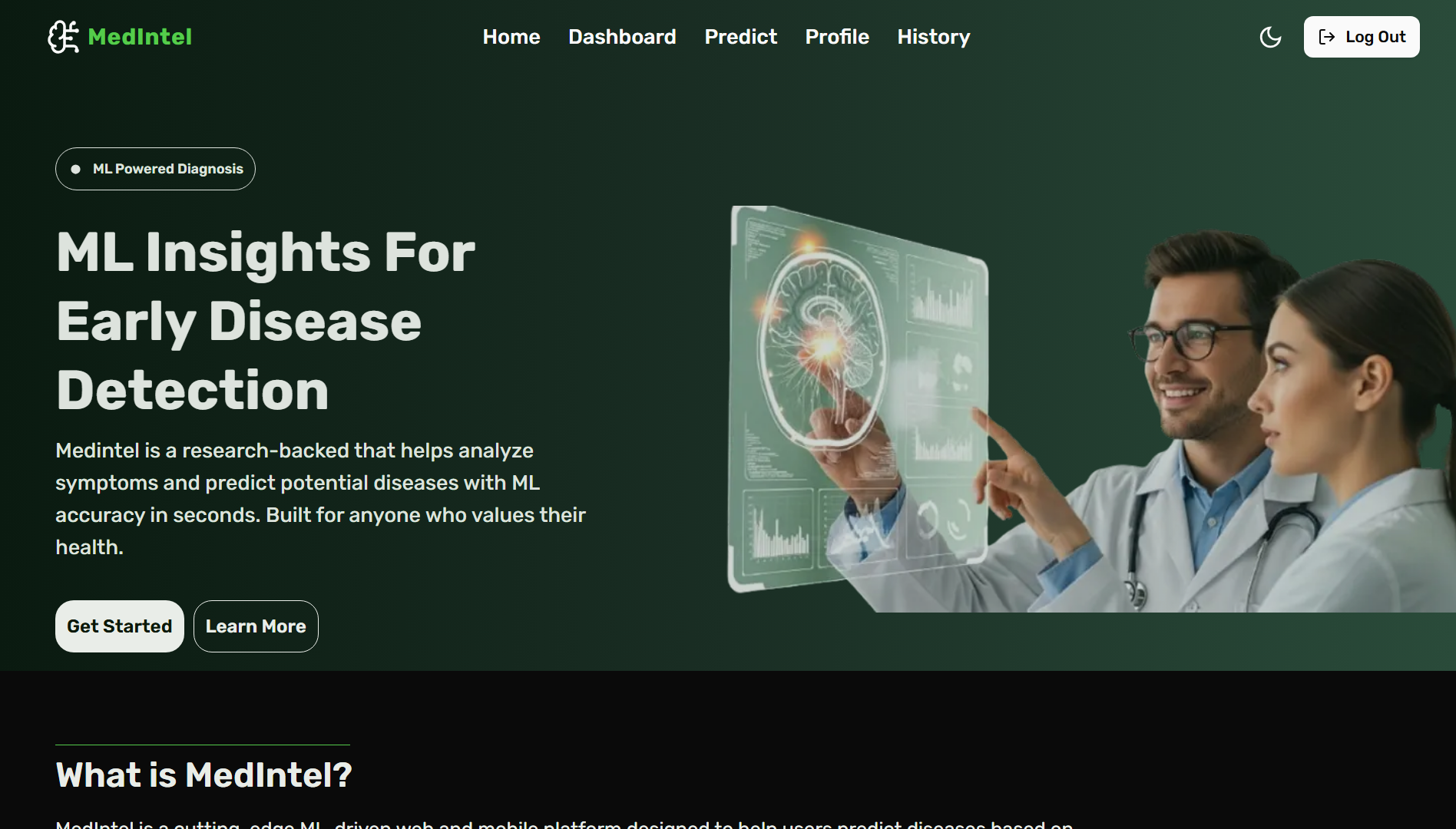 MedIntel landing page pitching ML-powered early disease detection