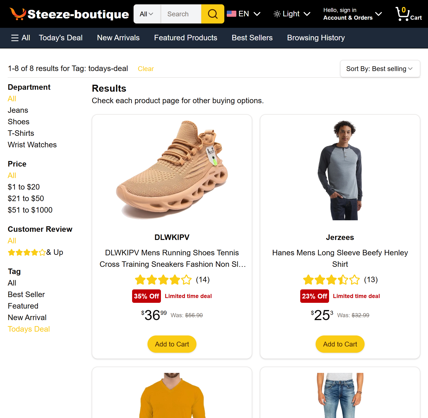Steeze Boutique search results page showing filtered product listings
