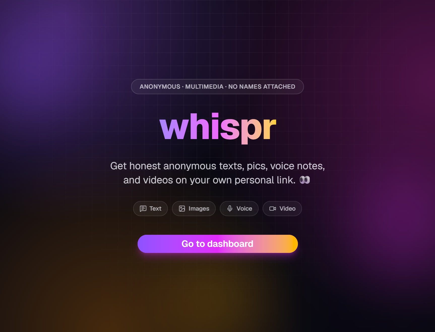 Whispr landing page showing the anonymous, multimedia messaging pitch and call-to-action buttons