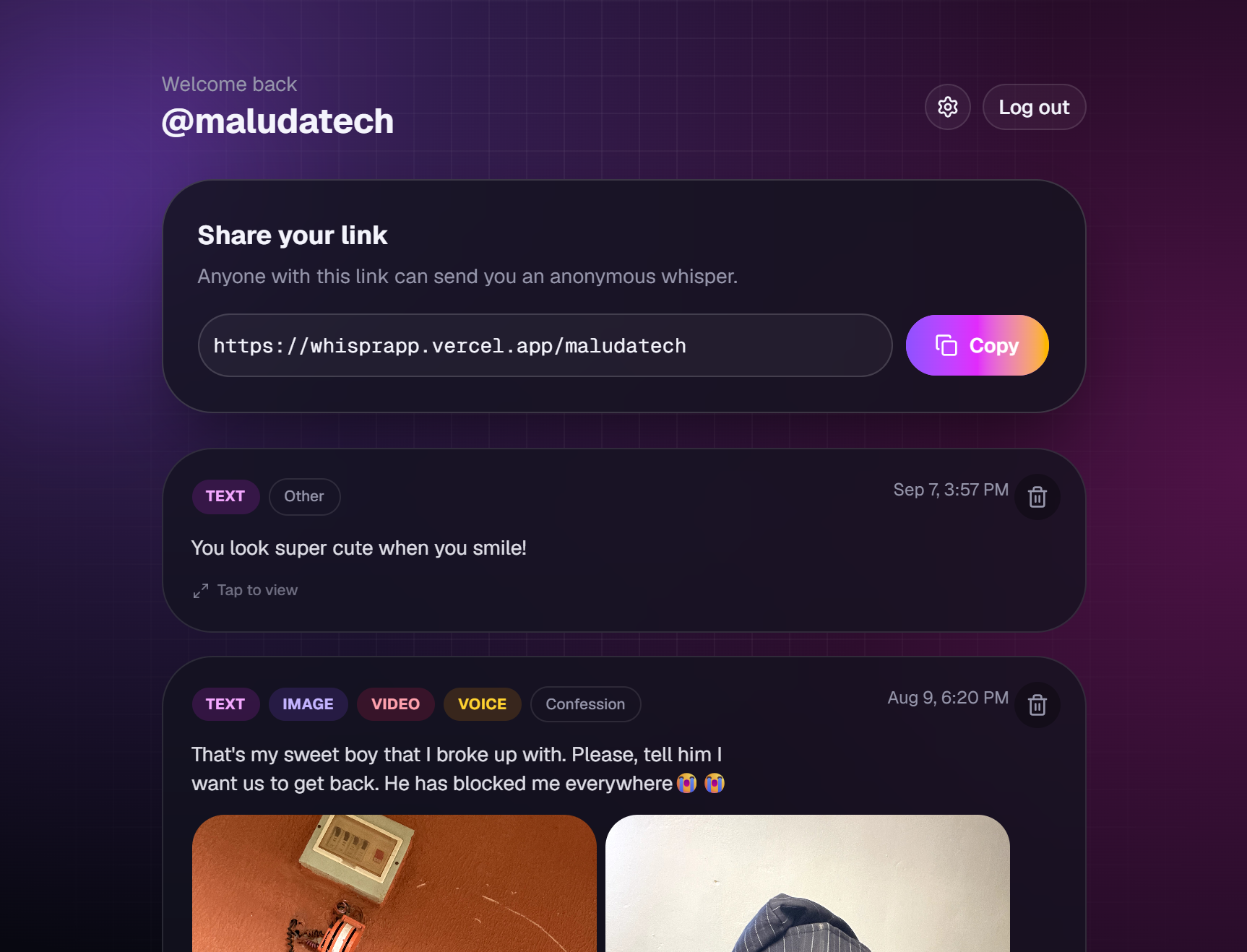Whispr private inbox showing a multi-photo anonymous message with AI-classified topic tags