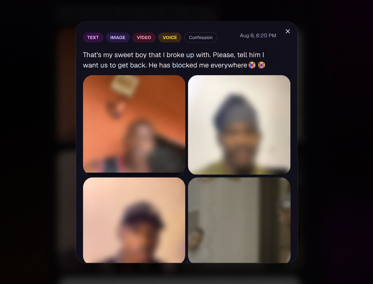 Whispr lightbox view for browsing all photos in a multi-photo anonymous message